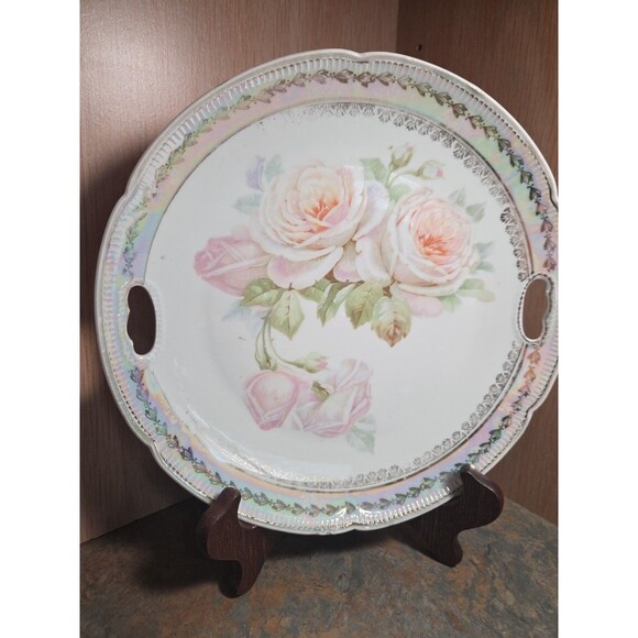 Antique Cabbage Rose on Green Luster Molded Double Handle German Porcelain Plate - Picture 3 of 11